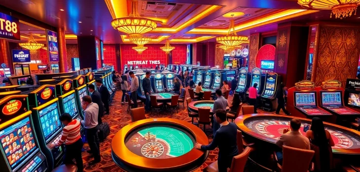 Players celebrating wins at NHÀ CÁI VT88's vibrant casino floor, showcasing excitement and luxury.
