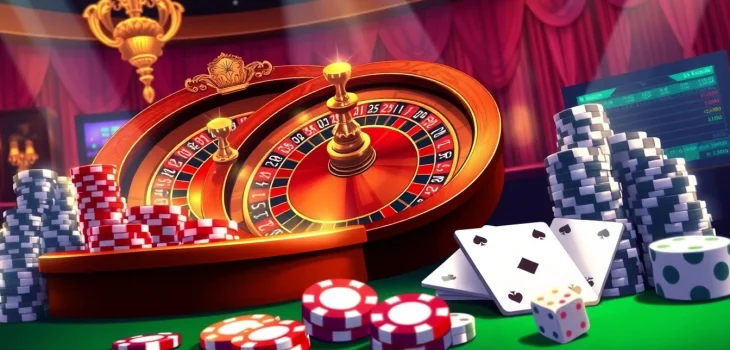 Experience Tool xổ số siêu tốc at a luxury casino scene with roulette, cards, and digital betting.