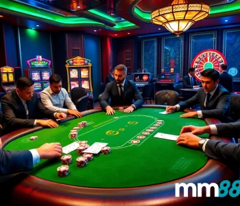 Experience high-stakes play at mm88 com's elegant poker game surrounded by vibrant casino atmosphere.