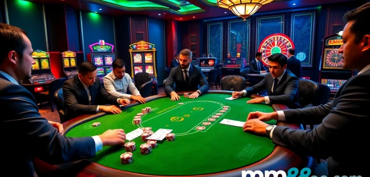 Experience high-stakes play at mm88 com's elegant poker game surrounded by vibrant casino atmosphere.