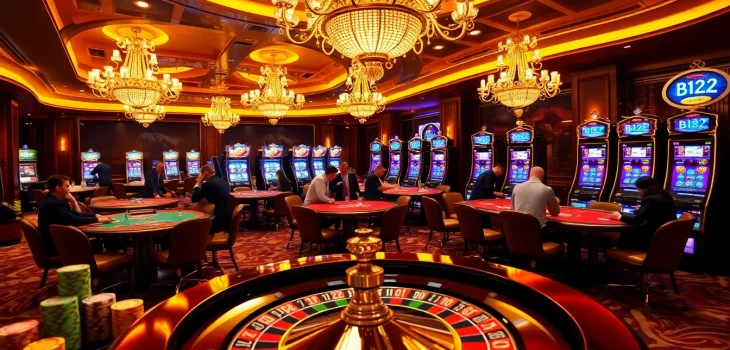 B52 gaming table surrounded by excited players at a luxurious casino.