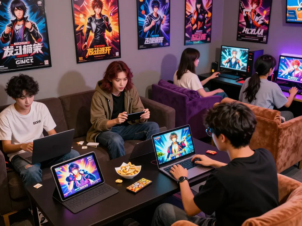 Players engaging with porngames on multiple devices in a lively gaming lounge