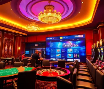 Experience the thrill of RR88 as gamblers play at vibrant tables and spin slots.