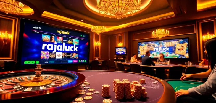 RajaLuck players enjoying exciting games on a luxurious casino platform featuring poker and roulette.