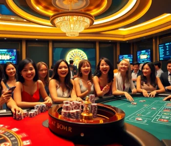 Casino experience at Nhà cái uy tín showcasing excited players and games like poker and roulette.