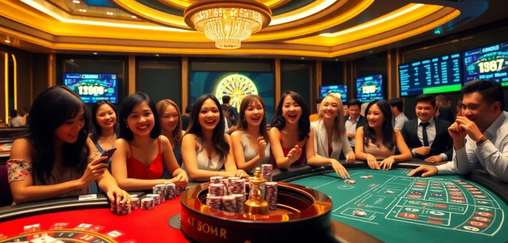 Casino experience at Nhà cái uy tín showcasing excited players and games like poker and roulette.