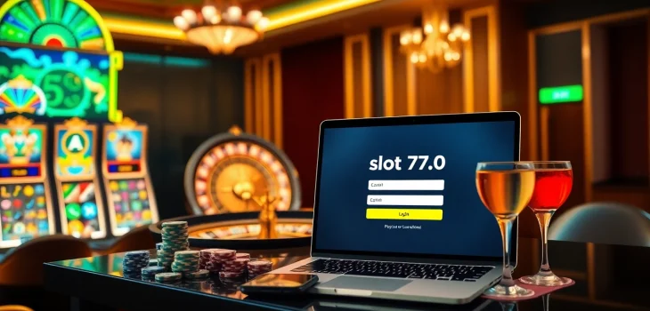 Engage with slot777 login on an exciting casino interface surrounded by luxurious slot machines and betting elements.