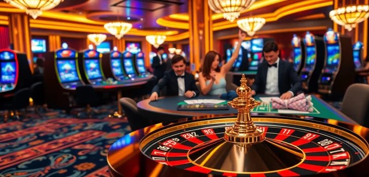 Gamblers enjoying a thrilling experience at 13win nhà cái with poker chips and roulette wheels.