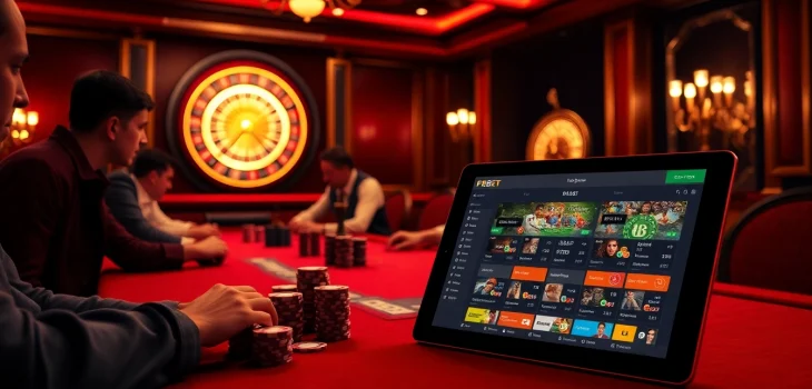 Experience the thrill of F8BET with players engaged at a luxurious poker table in a vibrant casino setting.