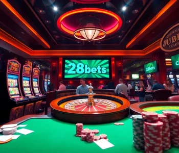Engaging scene of 28bets casino showcasing vibrant slot machines and roulette wheel.