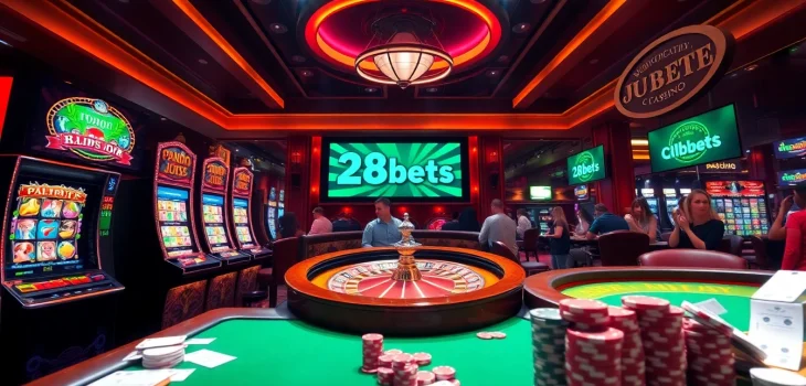Engaging scene of 28bets casino showcasing vibrant slot machines and roulette wheel.