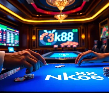 Professional gambler placing a strategic bet with NK88 one poker chips at an elegant casino table