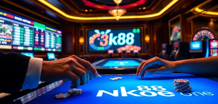 Professional gambler placing a strategic bet with NK88 one poker chips at an elegant casino table
