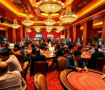 Vivid scene of a Singapore Casino Site showcasing players immersed in games, vibrant atmosphere.