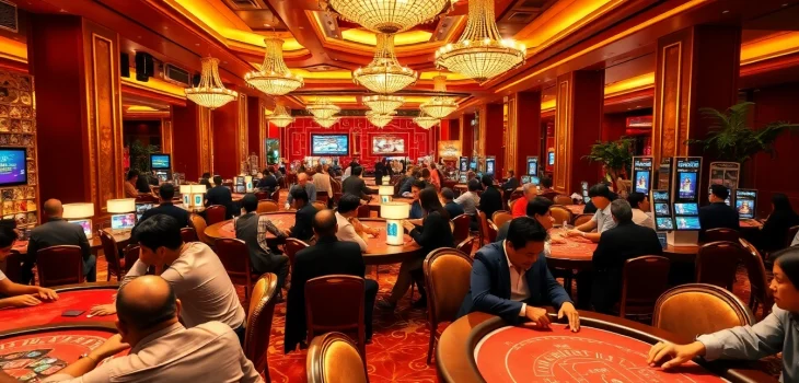 Vivid scene of a Singapore Casino Site showcasing players immersed in games, vibrant atmosphere.