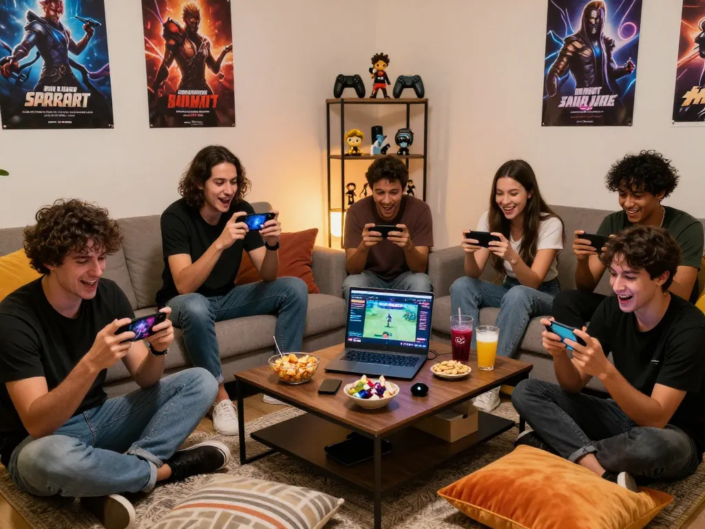 Group enjoying mobile porn games in a cozy living room, showcasing excitement and social interaction.