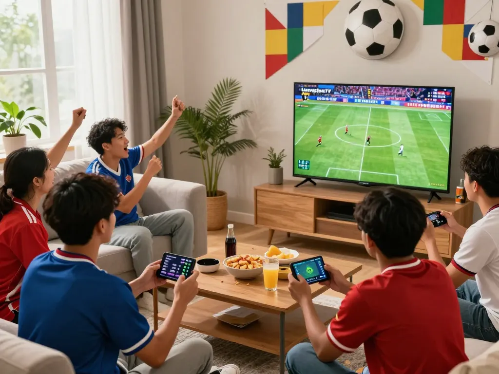 Fans enjoying a live football match on LuongSon TV in a cozy living room.