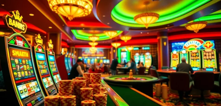 Players enjoying diverse slot machines while trying their luck at idn slot on a lively casino floor.