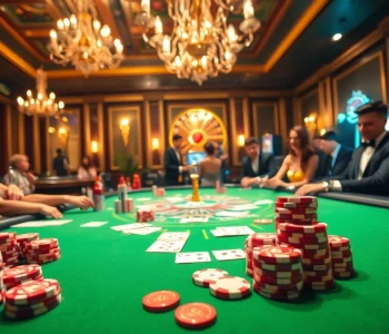 KONG88 gaming table with chips and cards in an elegant casino setting.
