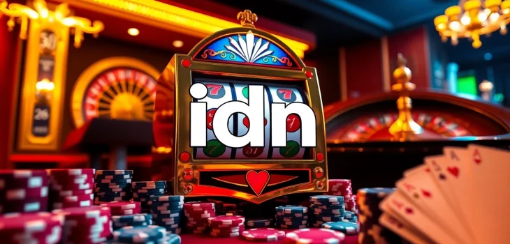 Enjoy thrilling gameplay at idn slot with poker chips and cards in a vibrant casino setting.