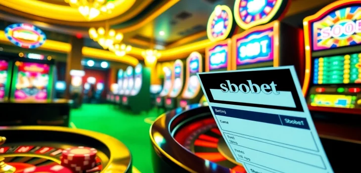 The sbobet link displayed on a vibrant online gambling interface featuring poker chips and a roulette wheel.