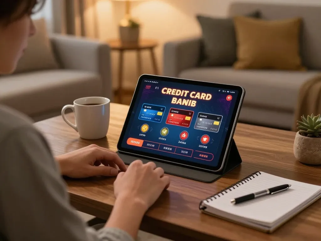 Person engaging with credit card casinos on a tablet, showcasing responsible gaming at home.