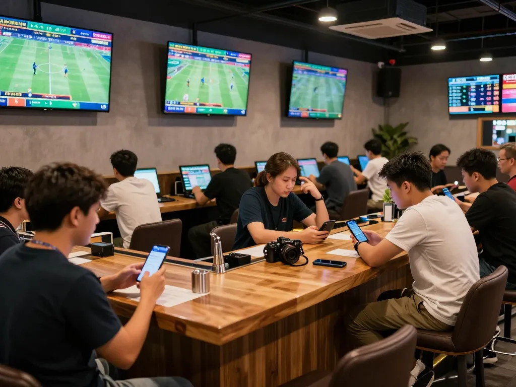 Kèo nhà cái betting excitement in a lively sports lounge with enthusiastic bettors discussing strategies