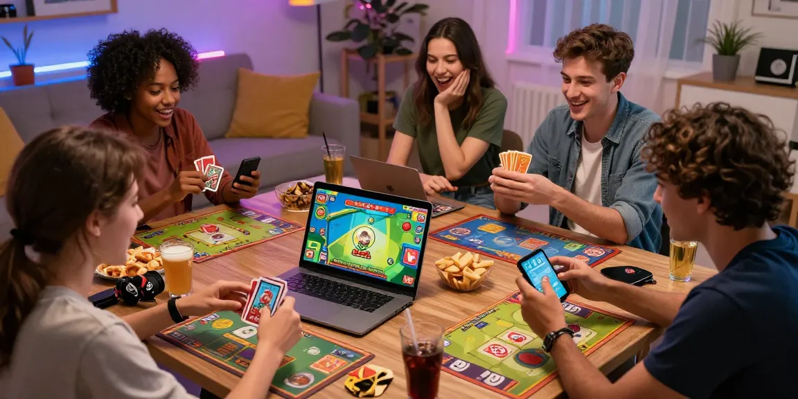 Exciting scene of friends enjoying gamebaidoithuong online card games in a cozy living room.