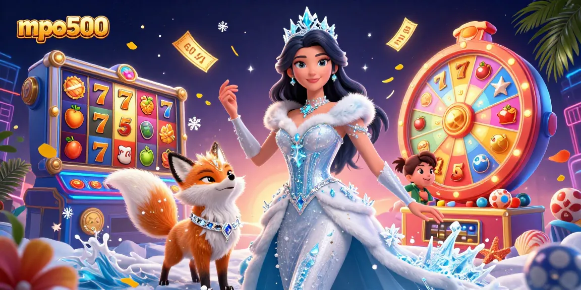 MPO500 presents an electrifying scene featuring a glamorous woman and an arctic fox amidst vibrant slot reels and jackpot symbols.