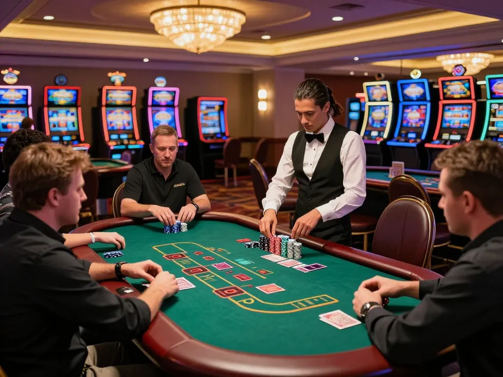 Players engaging at tg88 blackjack table, focused expressions amid vibrant casino atmosphere.