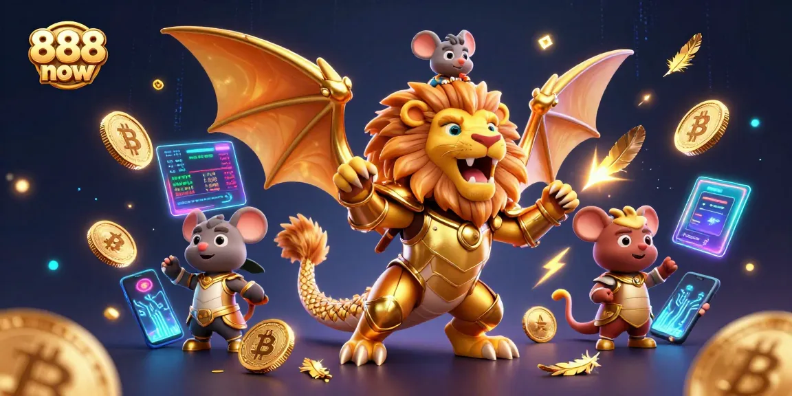 Win big with 888 now as a majestic chimera roars triumphantly amidst vibrant crypto elements in a casino.