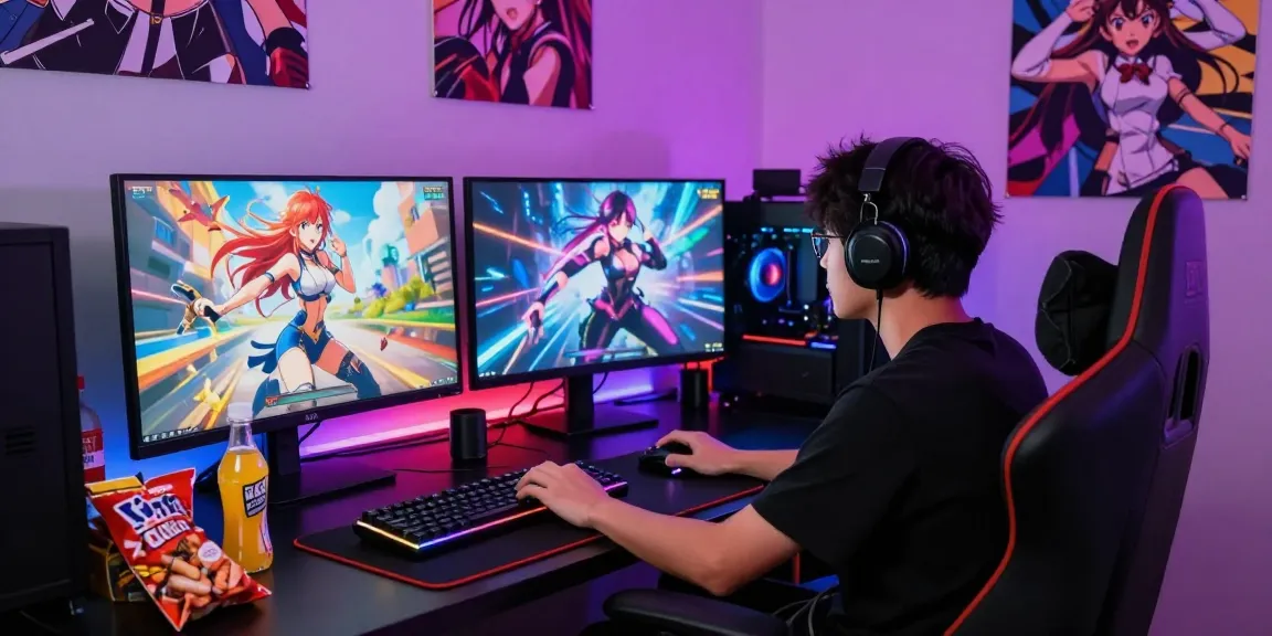 Engaged player enjoying a hentai game in a vibrant gaming studio.