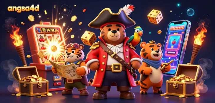 Play exciting slot games with angsa4d featuring a 3D cartoon pirate bear and tiger in a vibrant casino scene.