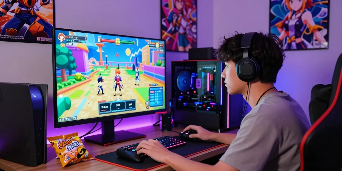 Immersive ecchi game gameplay scene with a young gamer enjoying vibrant animations and characters.