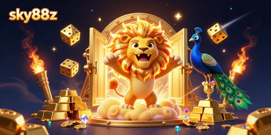 Spin to win with sky88z as a sun lion and floating dice celebrate riches galore in a casino fantasy!