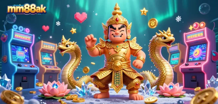 Enchanting mm88ak scene with a Thai temple guardian and Naga serpents among gaming elements.