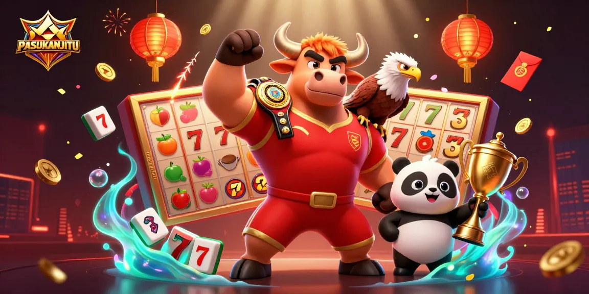 PASUKANJITU features a dynamic 3D casino scene with a muscular mascot, eagle, and panda amid vibrant gaming elements.