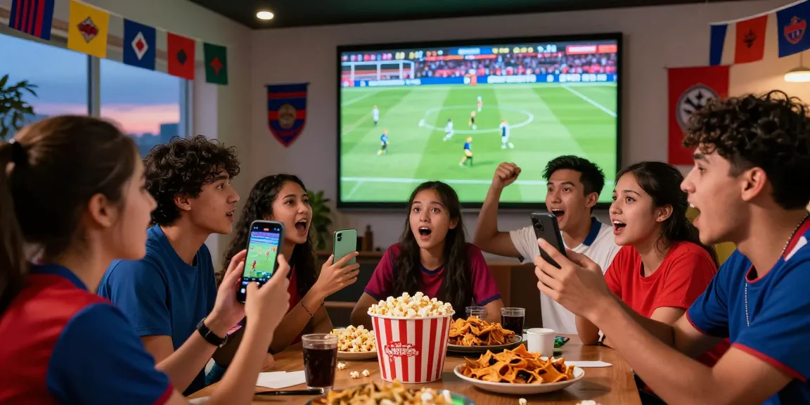 Excited fans watching a live football match, celebrating with snacks and smartphones at the ready, source of live updates.
