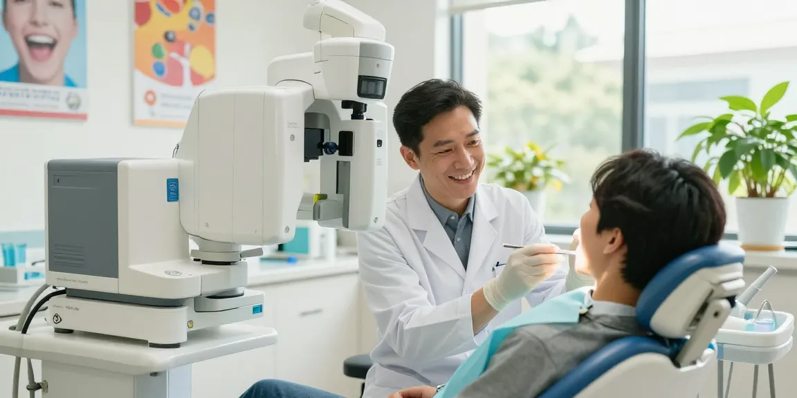 view it now for a friendly dentist examining a patient's teeth in a bright clinic